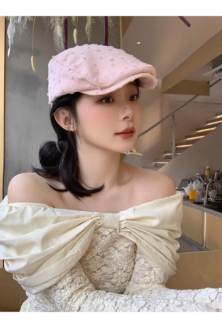 Women's White Embroidered Beret with Yellow Scarf — feature 7