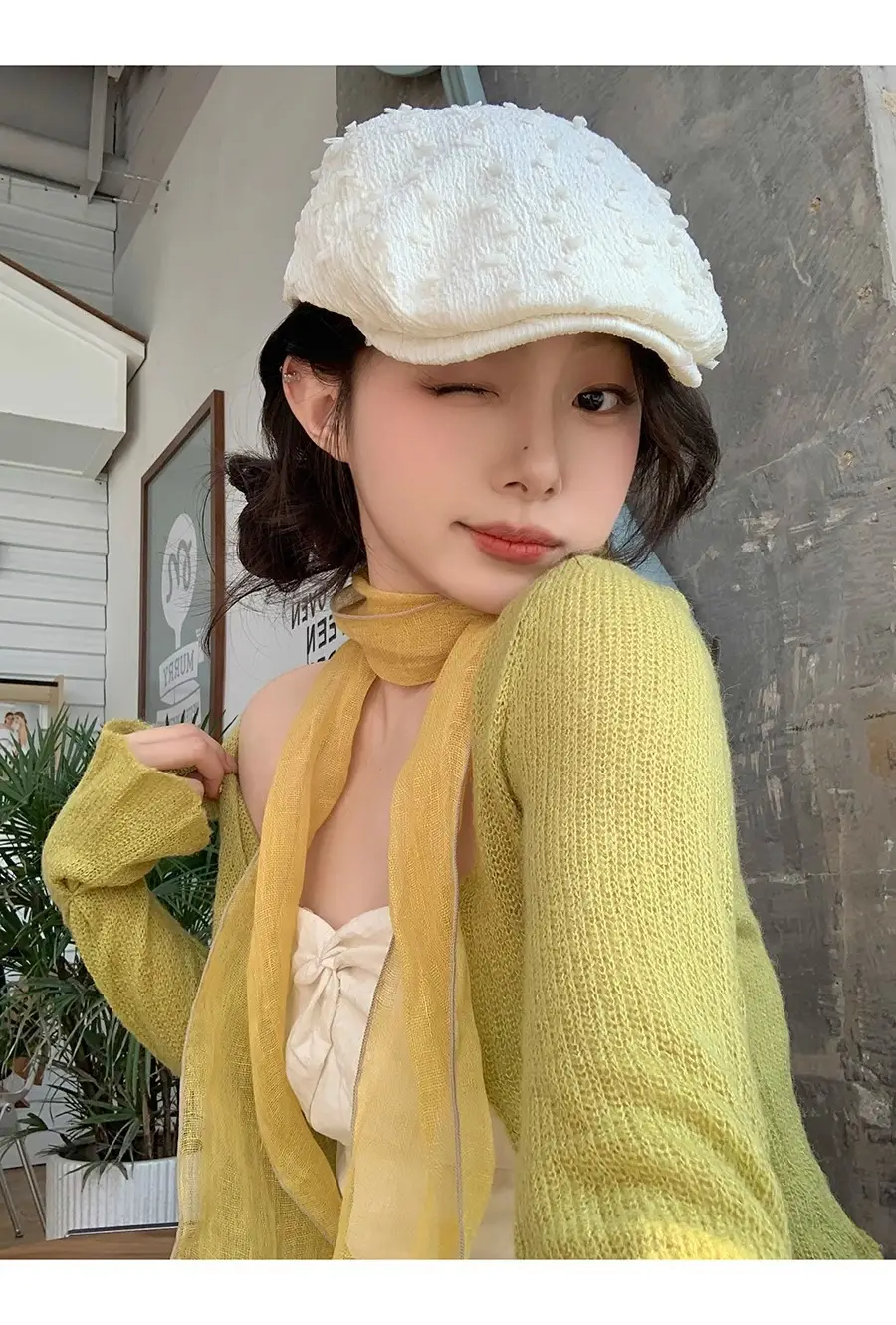 Women's White Embroidered Beret with Yellow Scarf — feature 8