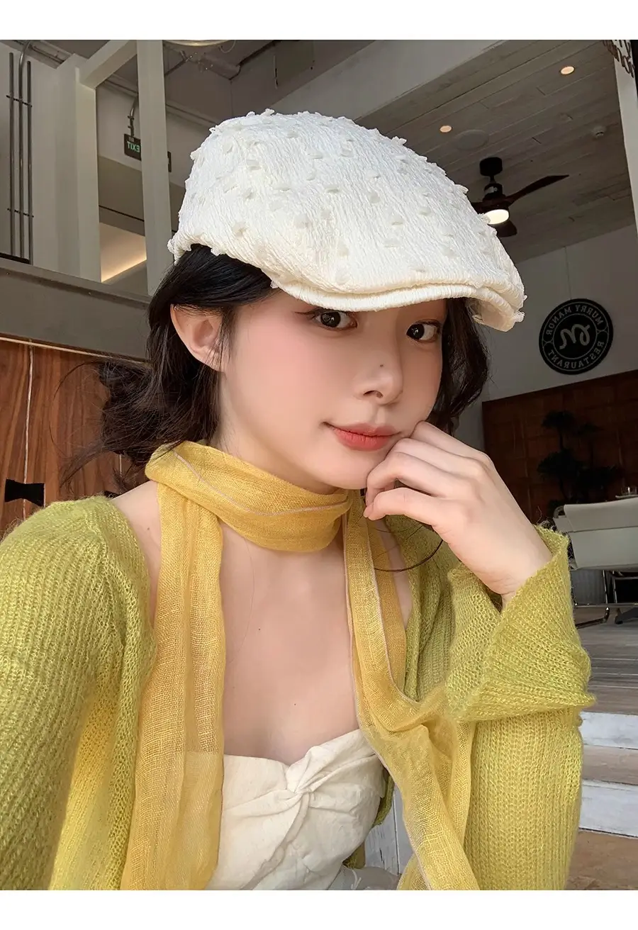 Women's White Embroidered Beret with Yellow Scarf — feature 9