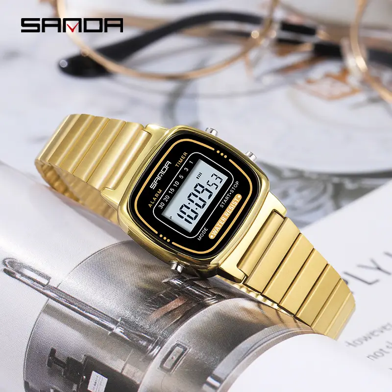 Sanda Digital Watch Black Steel Strap Waterproof Student Watch