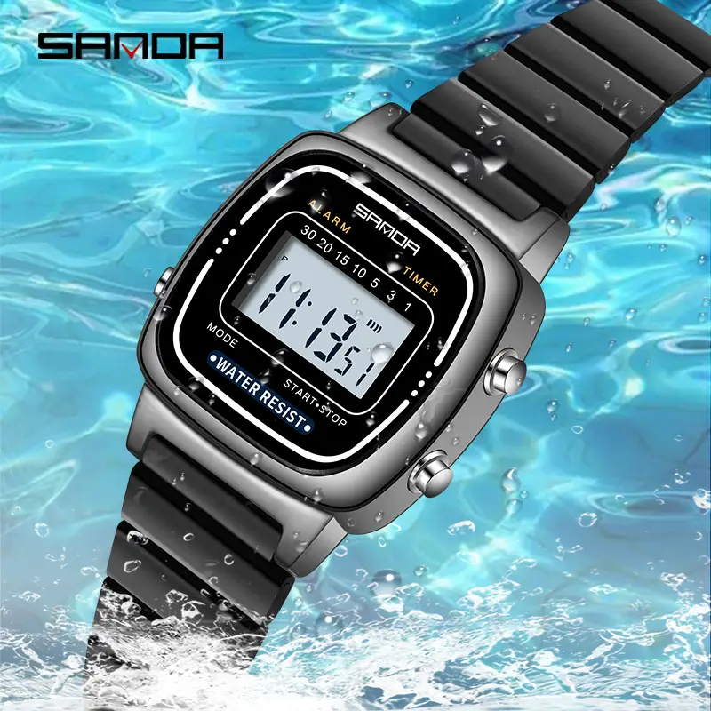 Sanda Digital Watch Black Steel Strap Waterproof Student Watch