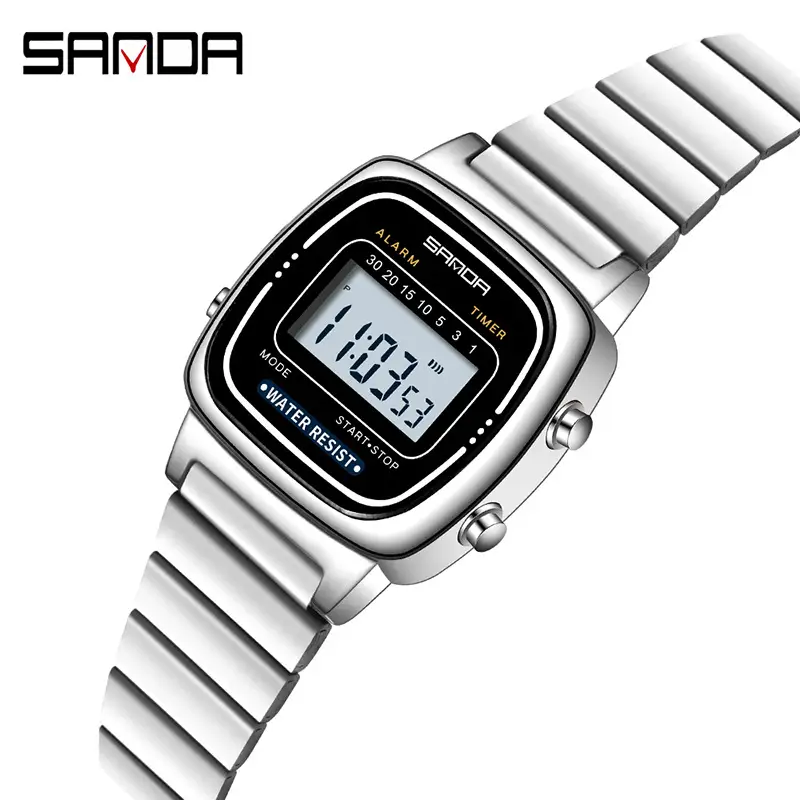 Sanda Digital Watch Black Steel Strap Waterproof Student Watch