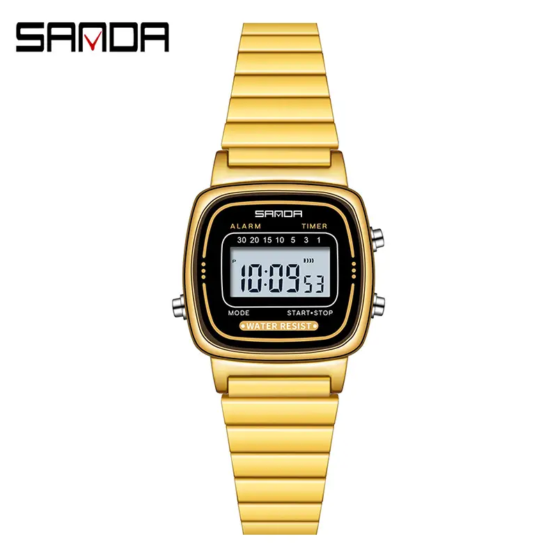 Sanda Digital Watch Black Steel Strap Waterproof Student Watch