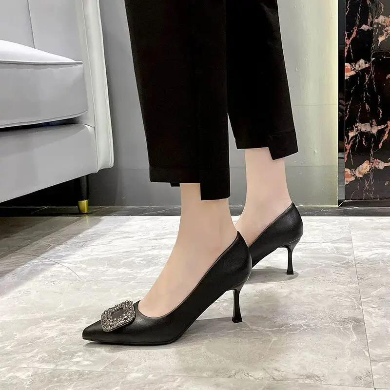 French Niche High-End Flats for Women with Stiletto Heel, Pointed Toe, Shallow Mouth, Sexy Rhinestone Square Buckle, Professional Work High Heels for Women