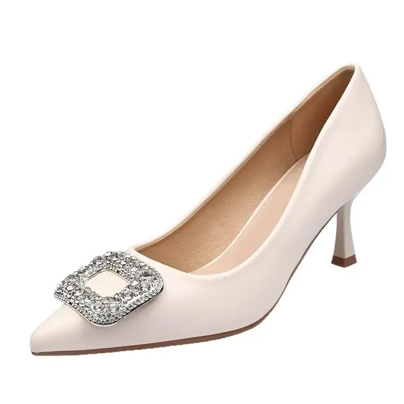 French Niche High-End Flats for Women with Stiletto Heel, Pointed Toe, Shallow Mouth, Sexy Rhinestone Square Buckle, Professional Work High Heels for Women