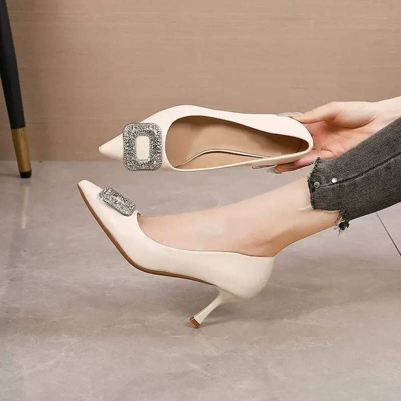 French Niche High-End Flats for Women with Stiletto Heel, Pointed Toe, Shallow Mouth, Sexy Rhinestone Square Buckle, Professional Work High Heels for Women — feature 1