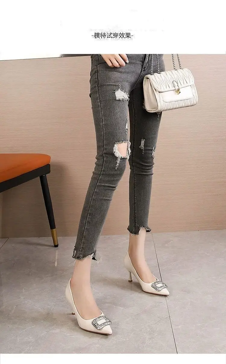 French Niche High-End Flats for Women with Stiletto Heel, Pointed Toe, Shallow Mouth, Sexy Rhinestone Square Buckle, Professional Work High Heels for Women — feature 2