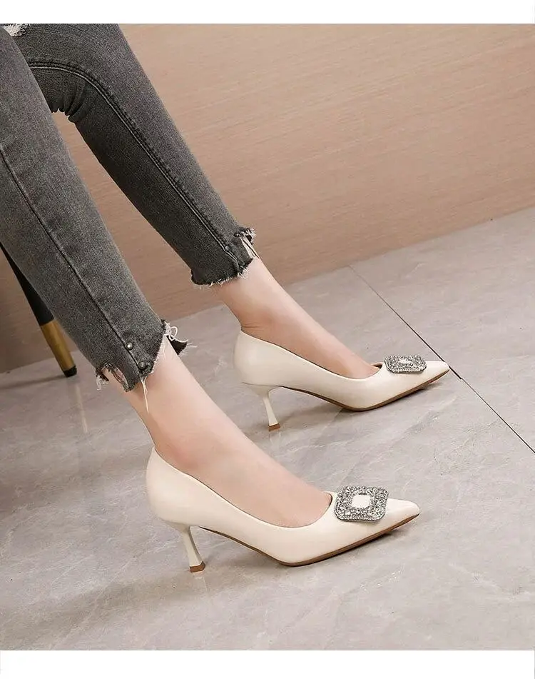 French Niche High-End Flats for Women with Stiletto Heel, Pointed Toe, Shallow Mouth, Sexy Rhinestone Square Buckle, Professional Work High Heels for Women — feature 4