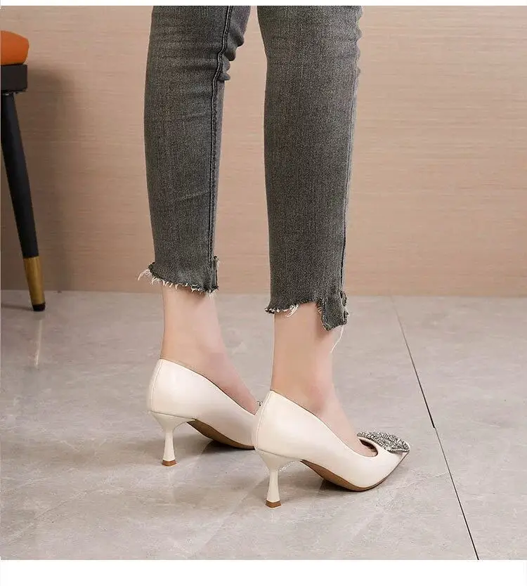 French Niche High-End Flats for Women with Stiletto Heel, Pointed Toe, Shallow Mouth, Sexy Rhinestone Square Buckle, Professional Work High Heels for Women — feature 5