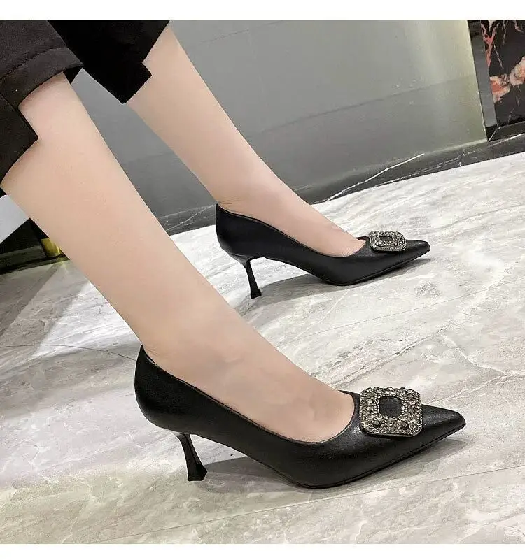 French Niche High-End Flats for Women with Stiletto Heel, Pointed Toe, Shallow Mouth, Sexy Rhinestone Square Buckle, Professional Work High Heels for Women — feature 7