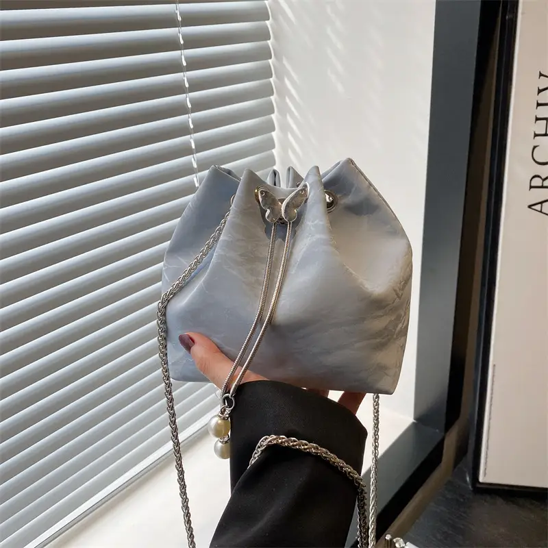 Silver Metal Satchel Bucket Bag for Women - Image 6
