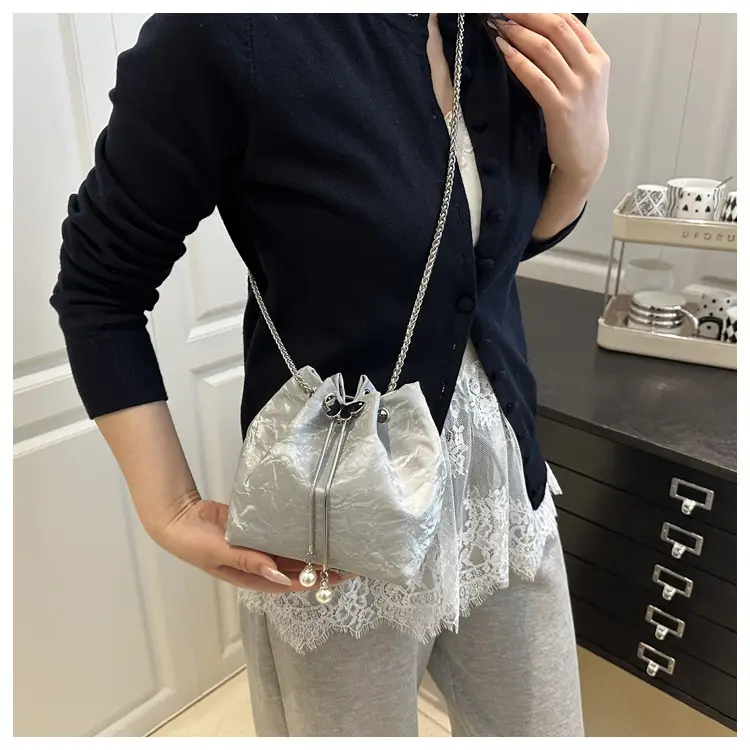 Silver Metal Satchel Bucket Bag for Women — feature 19