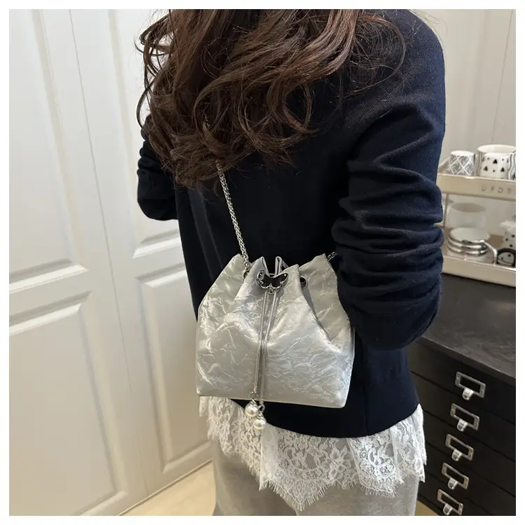 Silver Metal Satchel Bucket Bag for Women — feature 21