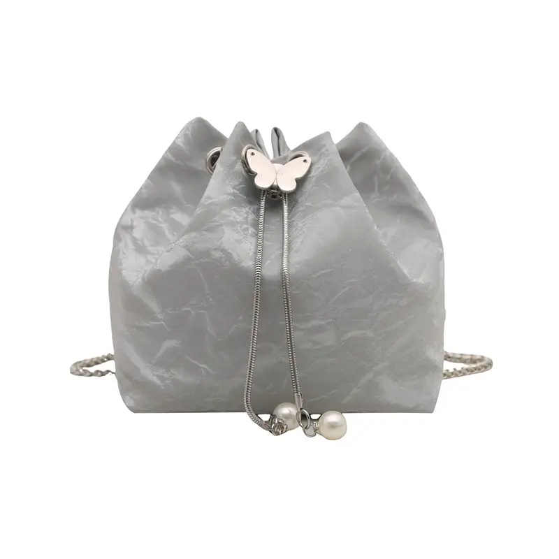 Silver Metal Satchel Bucket Bag for Women - Image 3