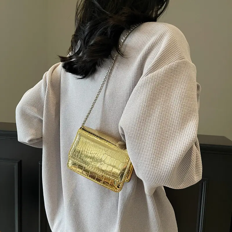 Pink Croc Leather Chain Shoulder Bag for Women