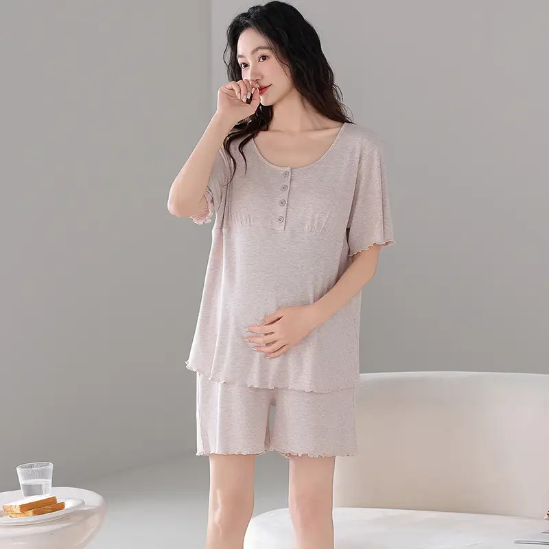 Pregnant Women's Pajamas Summer Thin Short-sleeved Shorts Colored Cotton Modal suit with Chest Pad Postpartum Lactation Monthly Clothing