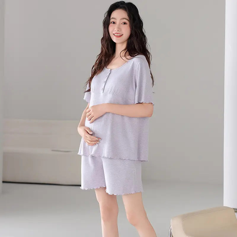 Pregnant Women's Pajamas Summer Thin Short-sleeved Shorts Colored Cotton Modal suit with Chest Pad Postpartum Lactation Monthly Clothing