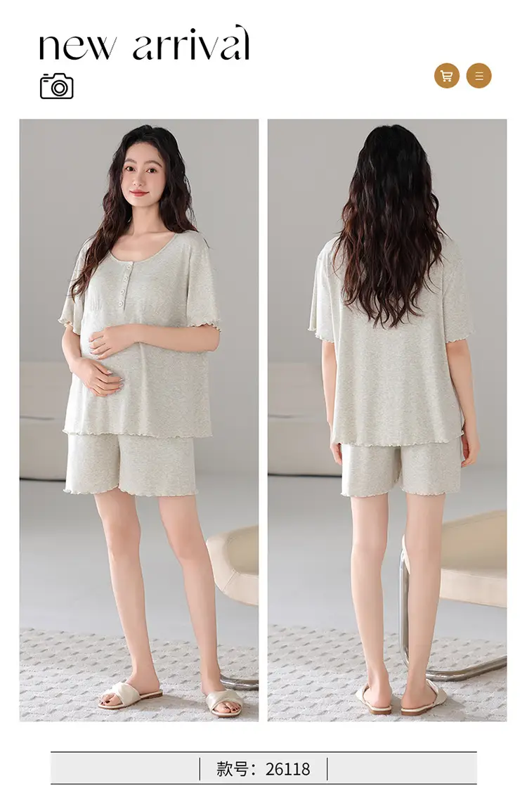 Pregnant Women's Pajamas Summer Thin Short-sleeved Shorts Colored Cotton Modal suit with Chest Pad Postpartum Lactation Monthly Clothing — feature 13