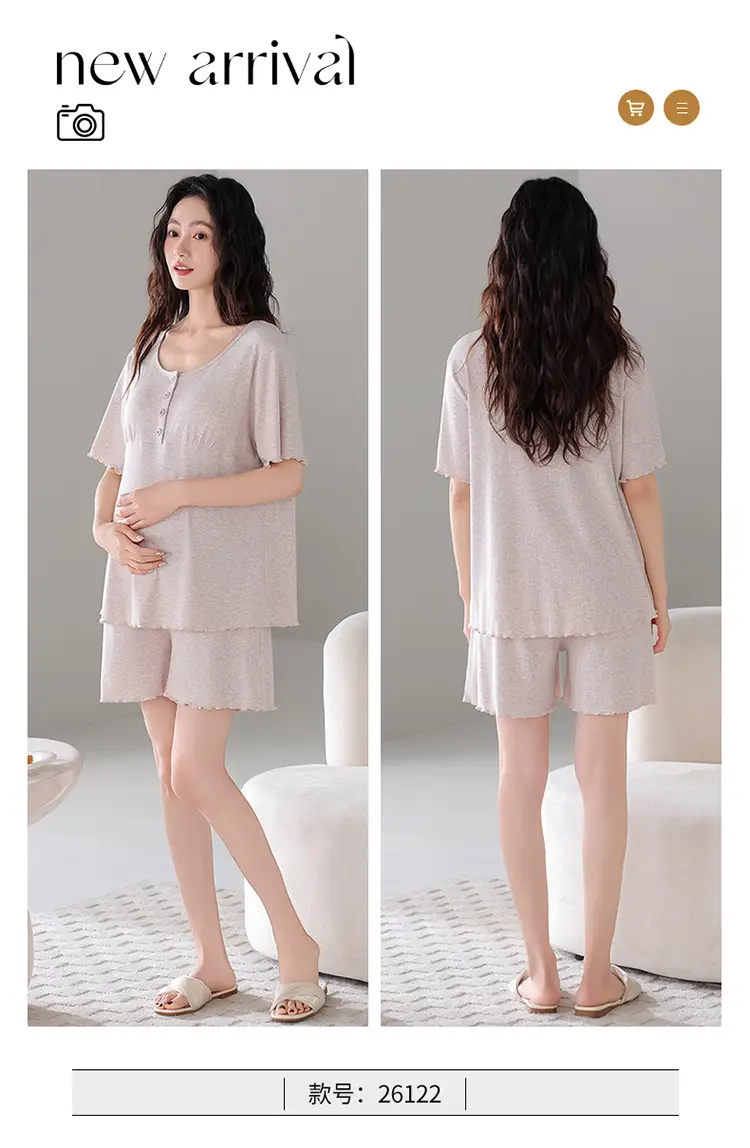 Pregnant Women's Pajamas Summer Thin Short-sleeved Shorts Colored Cotton Modal suit with Chest Pad Postpartum Lactation Monthly Clothing — feature 17