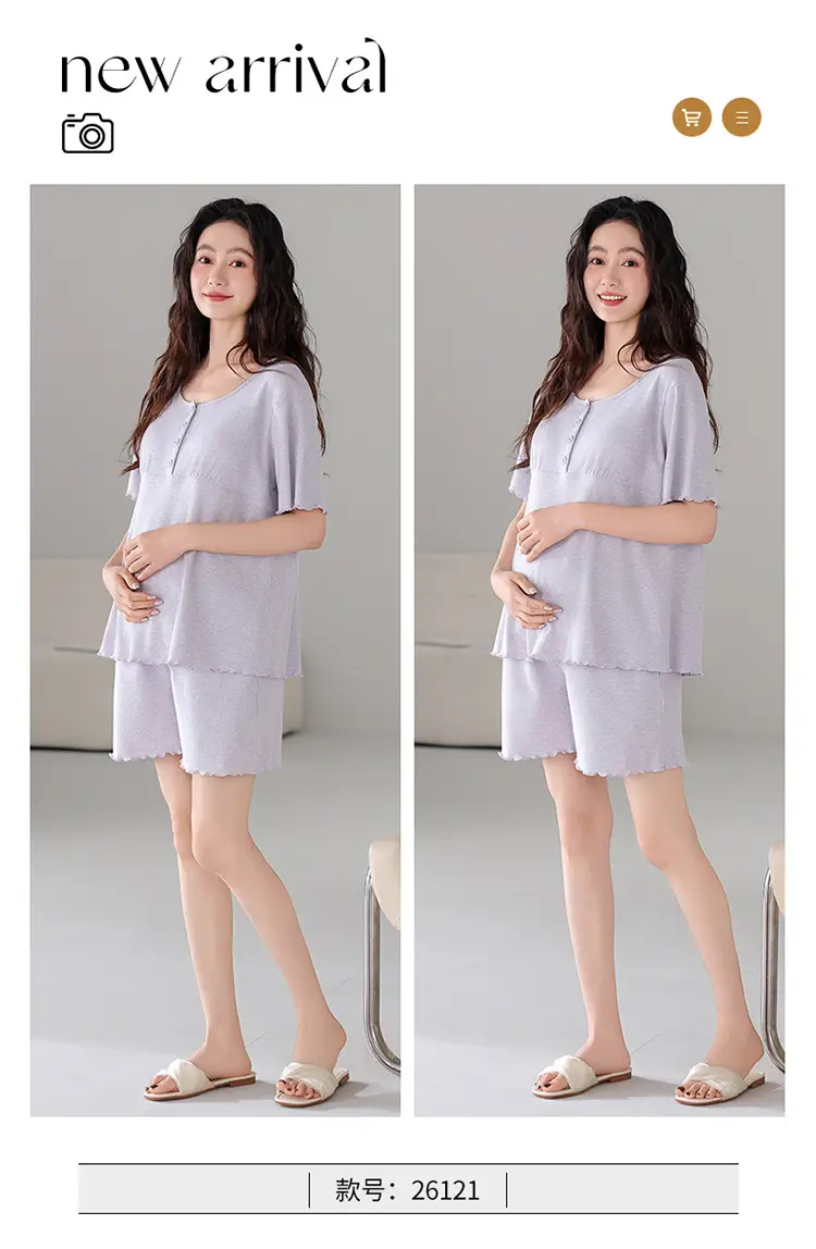 Pregnant Women's Pajamas Summer Thin Short-sleeved Shorts Colored Cotton Modal suit with Chest Pad Postpartum Lactation Monthly Clothing — feature 18