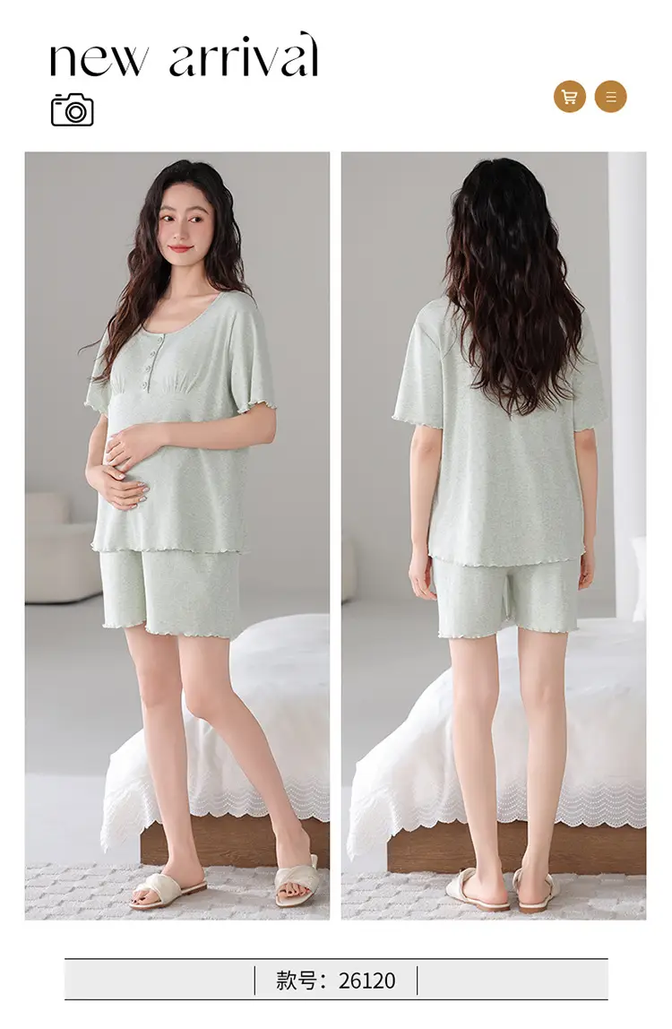 Pregnant Women's Pajamas Summer Thin Short-sleeved Shorts Colored Cotton Modal suit with Chest Pad Postpartum Lactation Monthly Clothing — feature 19