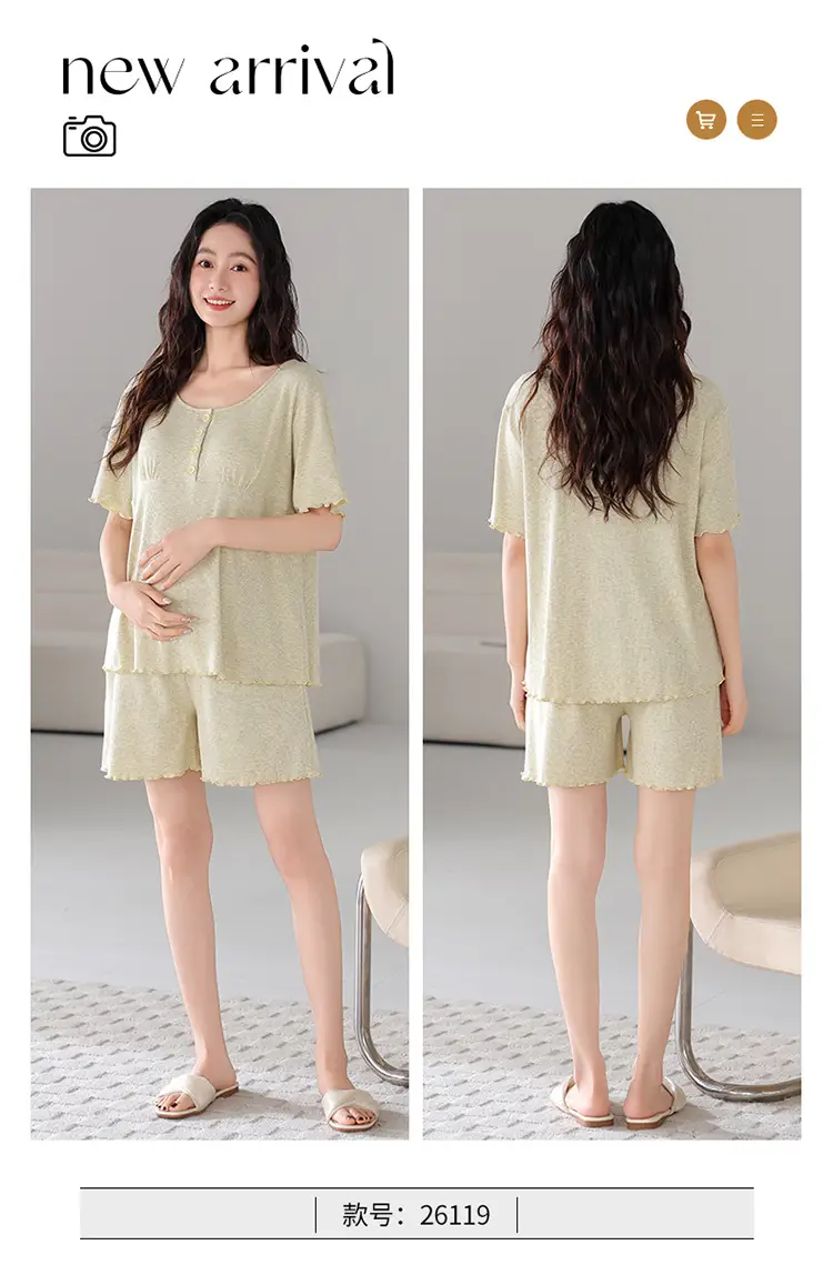Pregnant Women's Pajamas Summer Thin Short-sleeved Shorts Colored Cotton Modal suit with Chest Pad Postpartum Lactation Monthly Clothing — feature 20