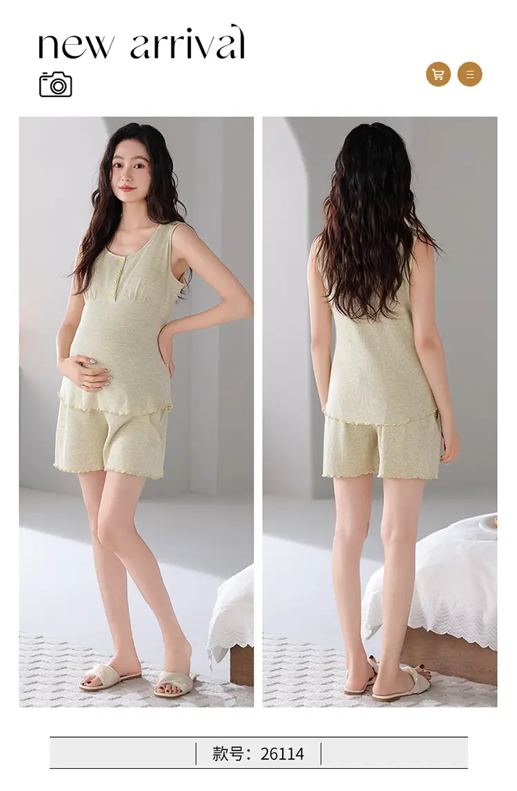 Pregnant Women's Pajamas Summer Thin Short-sleeved Shorts Colored Cotton Modal suit with Chest Pad Postpartum Lactation Monthly Clothing — feature 25