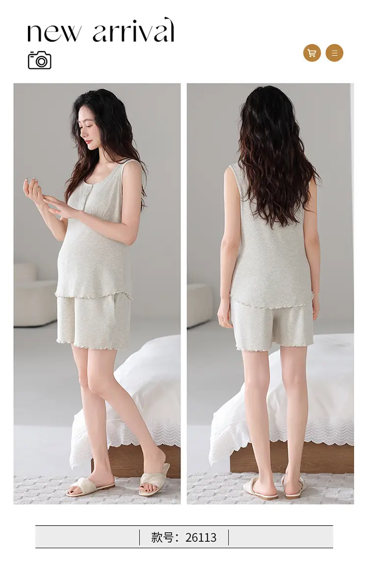 Pregnant Women's Pajamas Summer Thin Short-sleeved Shorts Colored Cotton Modal suit with Chest Pad Postpartum Lactation Monthly Clothing — feature 26