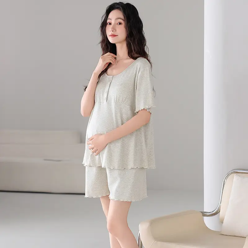 Pregnant Women's Pajamas Summer Thin Short-sleeved Shorts Colored Cotton Modal suit with Chest Pad Postpartum Lactation Monthly Clothing