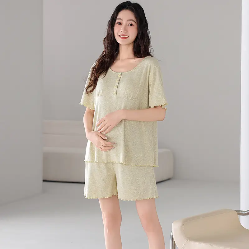 Pregnant Women's Pajamas Summer Thin Short-sleeved Shorts Colored Cotton Modal suit with Chest Pad Postpartum Lactation Monthly Clothing