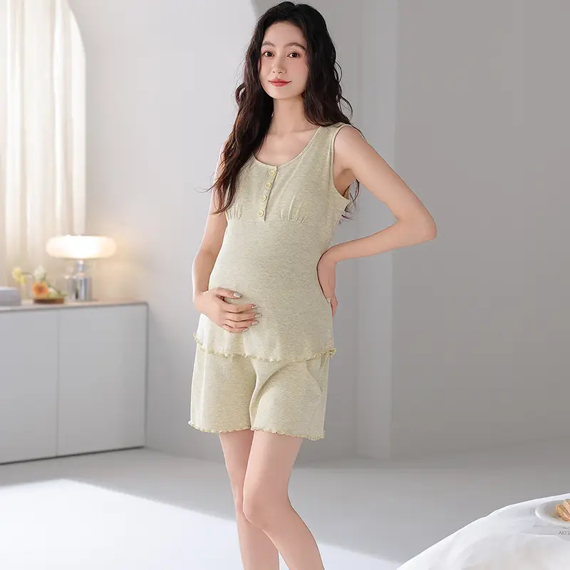 Pregnant Women's Pajamas Summer Thin Short-sleeved Shorts Colored Cotton Modal suit with Chest Pad Postpartum Lactation Monthly Clothing