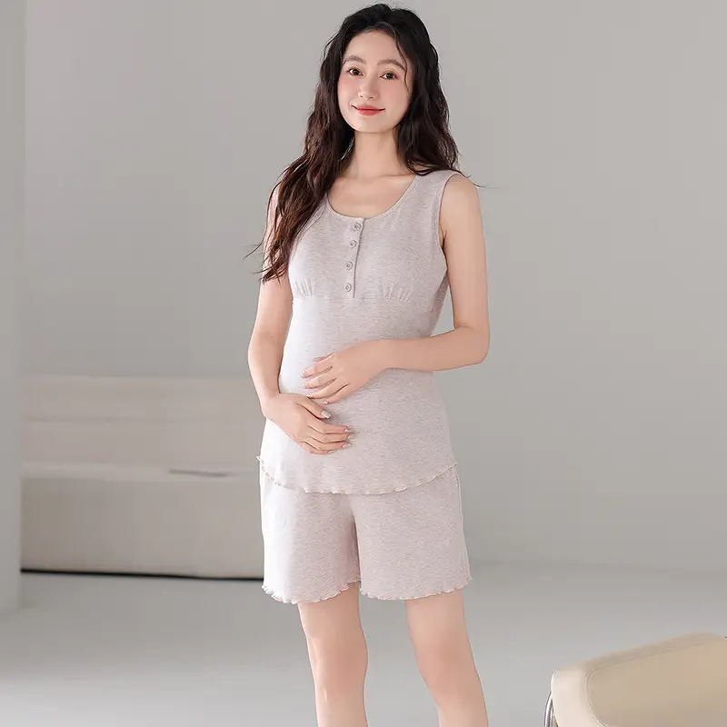 Pregnant Women's Pajamas Summer Thin Short-sleeved Shorts Colored Cotton Modal suit with Chest Pad Postpartum Lactation Monthly Clothing