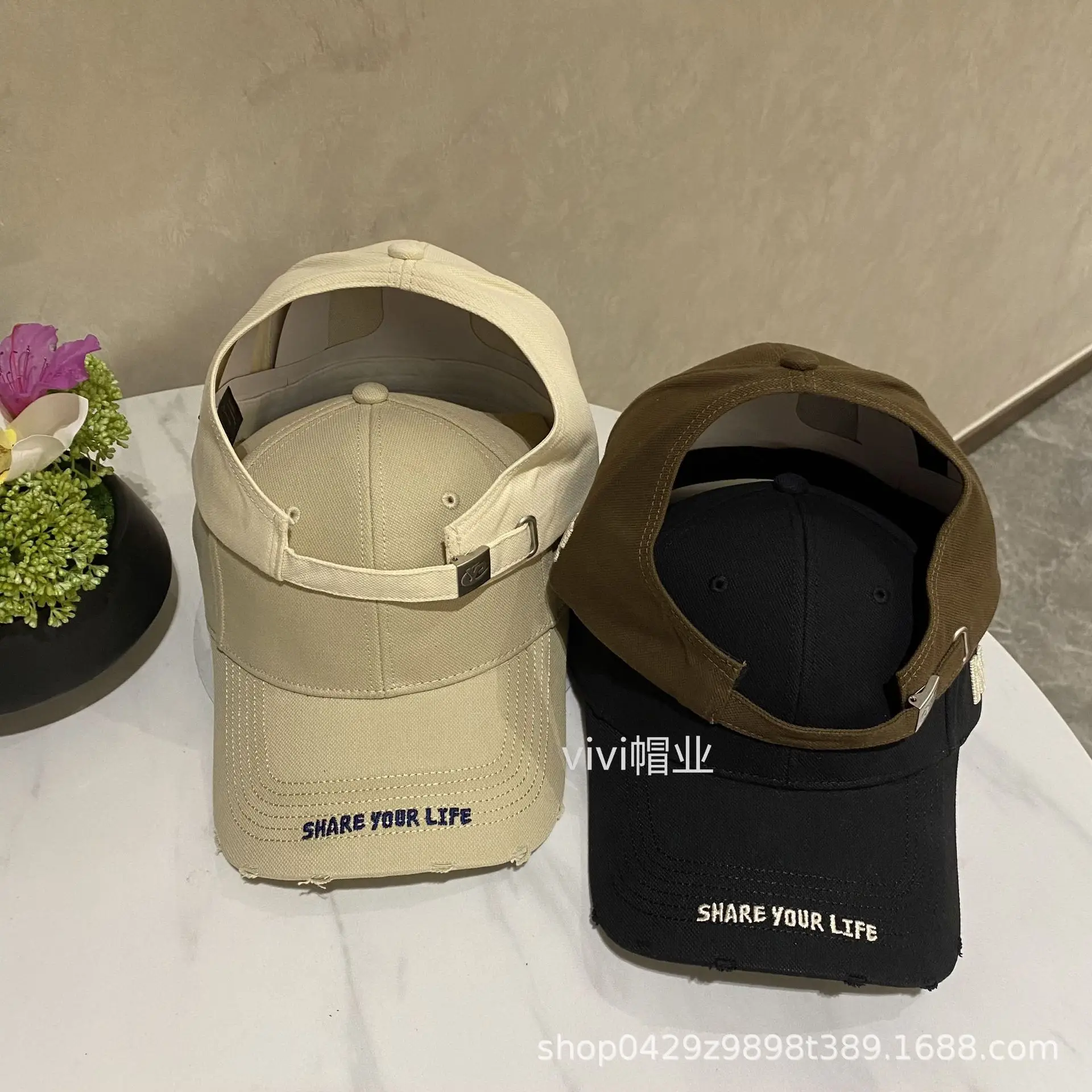 Women's Beige Letter Embroidered Baseball Cap Wide Brim Ponytail - Image 8