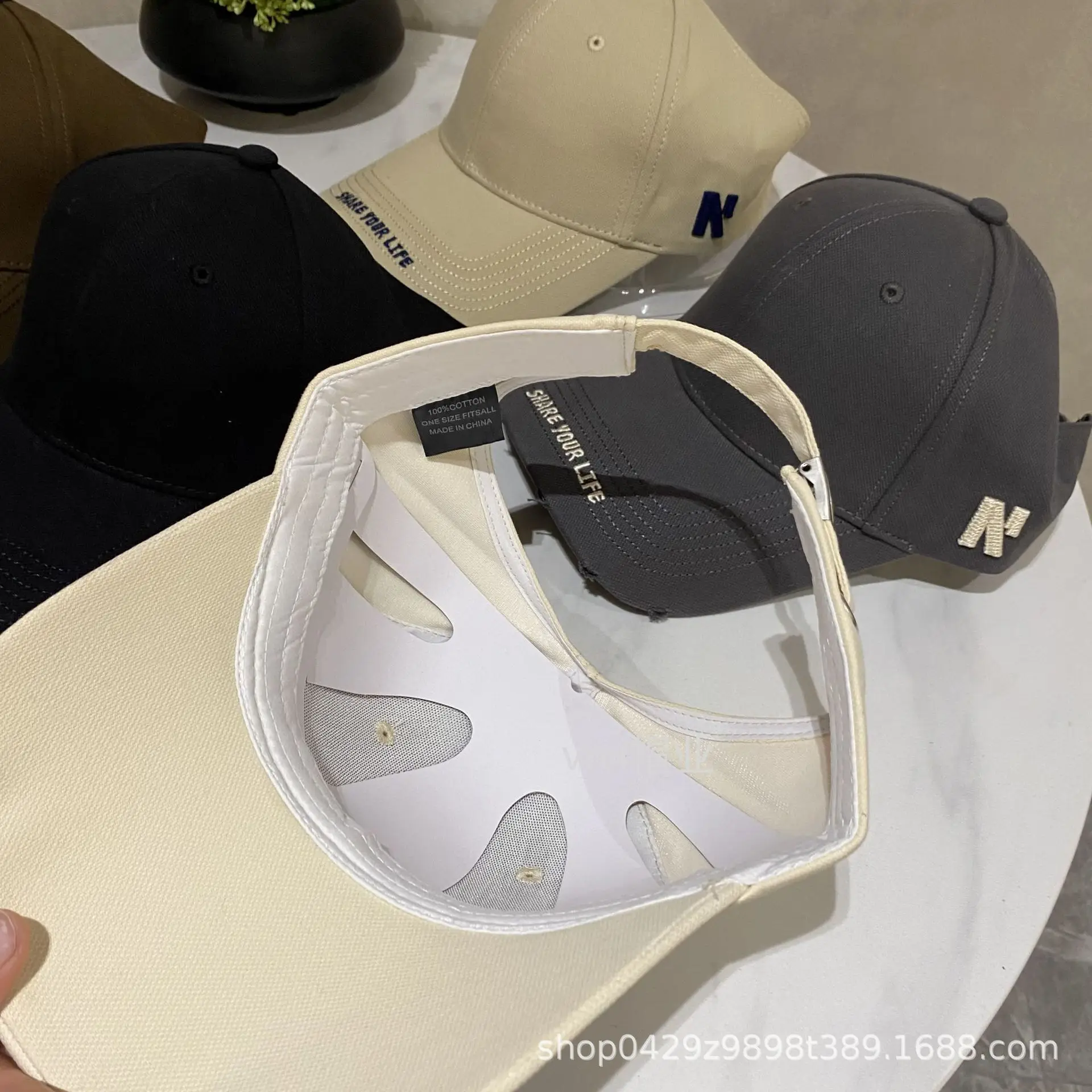Women's Beige Letter Embroidered Baseball Cap Wide Brim Ponytail — feature 10