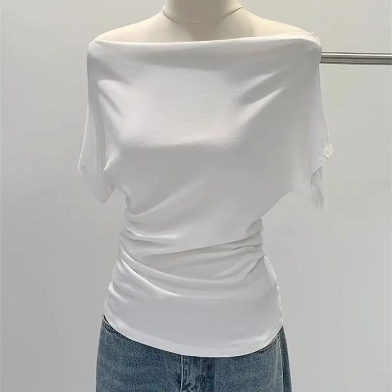 Super Touch Modal Cotton ~ One-Shoulder Collar Short-Sleeved T-Shirt for Women, Summer Design, Slim Off-Shoulder Slanted Shoulder Top, Trendy