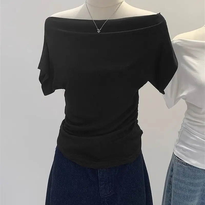 Super Touch Modal Cotton ~ One-Shoulder Collar Short-Sleeved T-Shirt for Women, Summer Design, Slim Off-Shoulder Slanted Shoulder Top, Trendy