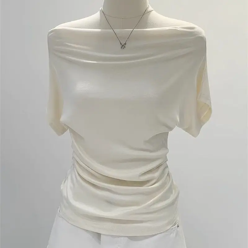 Super Touch Modal Cotton ~ One-Shoulder Collar Short-Sleeved T-Shirt for Women, Summer Design, Slim Off-Shoulder Slanted Shoulder Top, Trendy