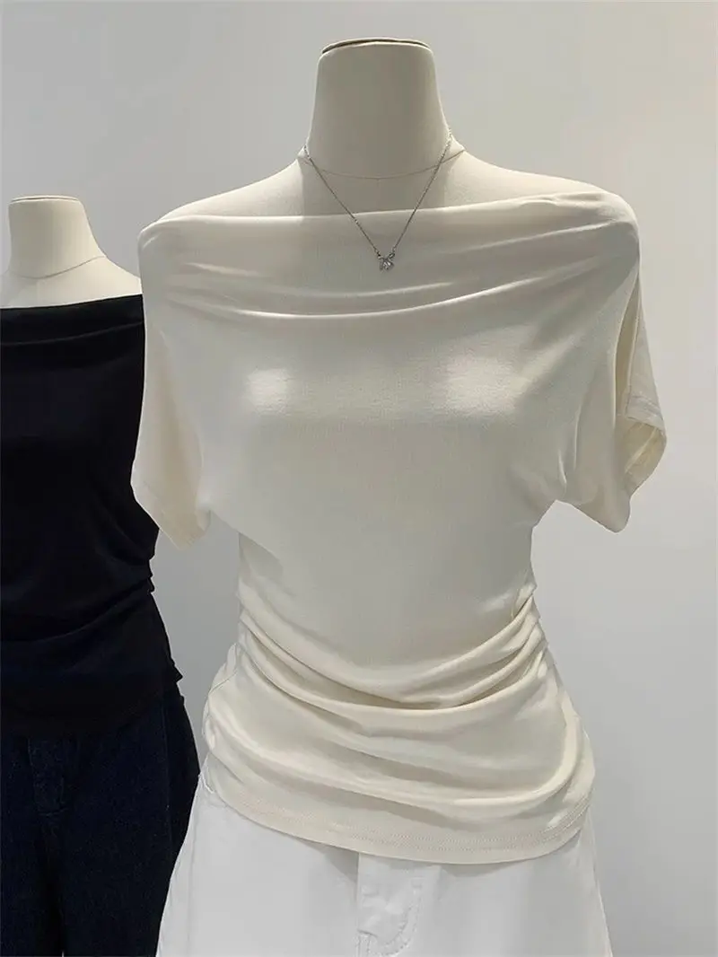 Super Touch Modal Cotton ~ One-Shoulder Collar Short-Sleeved T-Shirt for Women, Summer Design, Slim Off-Shoulder Slanted Shoulder Top, Trendy — feature 1