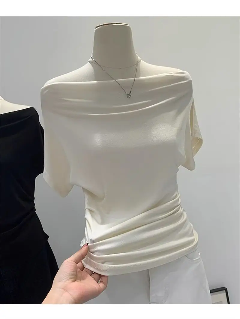 Super Touch Modal Cotton ~ One-Shoulder Collar Short-Sleeved T-Shirt for Women, Summer Design, Slim Off-Shoulder Slanted Shoulder Top, Trendy — feature 10