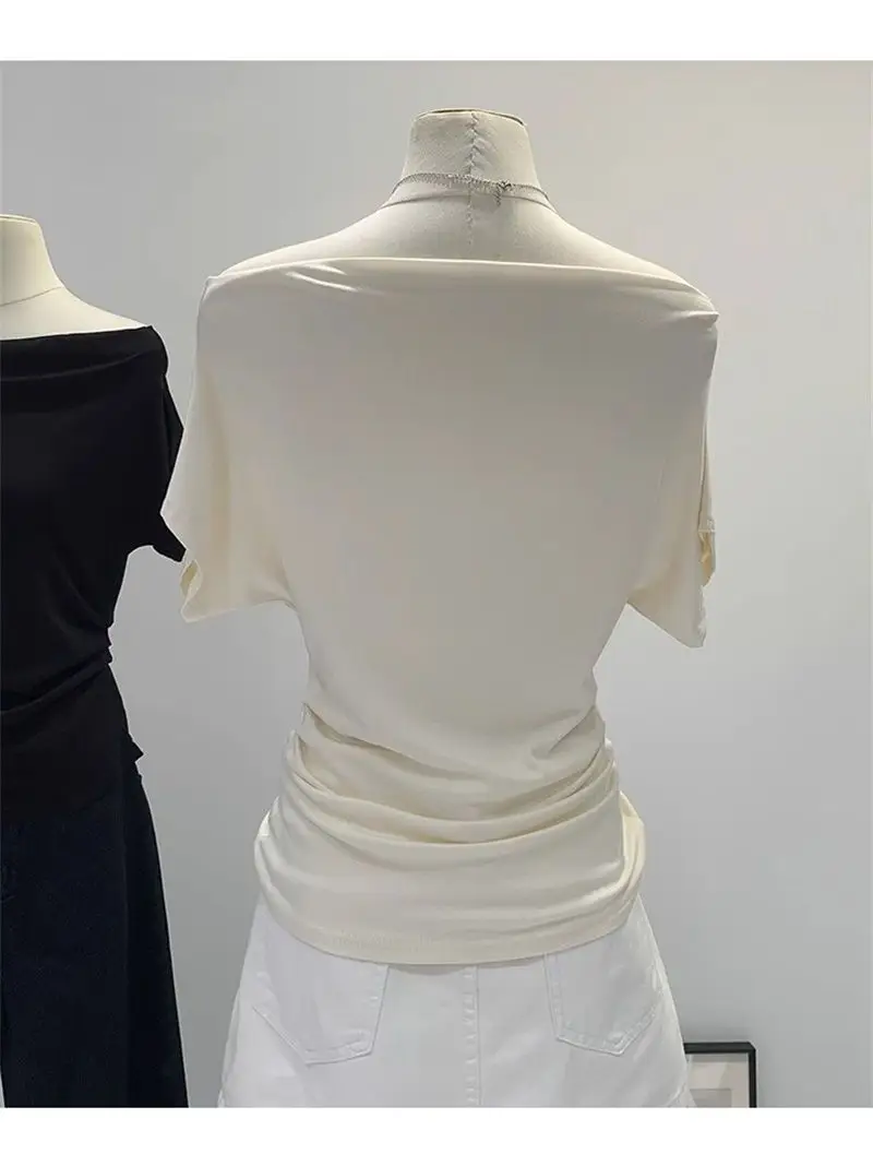 Super Touch Modal Cotton ~ One-Shoulder Collar Short-Sleeved T-Shirt for Women, Summer Design, Slim Off-Shoulder Slanted Shoulder Top, Trendy — feature 11