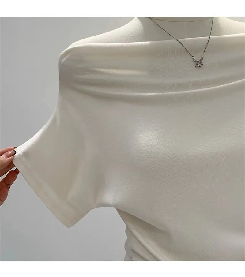 Super Touch Modal Cotton ~ One-Shoulder Collar Short-Sleeved T-Shirt for Women, Summer Design, Slim Off-Shoulder Slanted Shoulder Top, Trendy — feature 13
