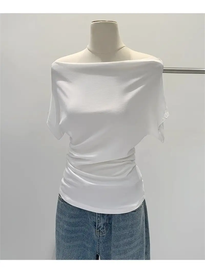 Super Touch Modal Cotton ~ One-Shoulder Collar Short-Sleeved T-Shirt for Women, Summer Design, Slim Off-Shoulder Slanted Shoulder Top, Trendy — feature 18