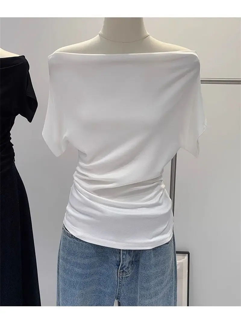 Super Touch Modal Cotton ~ One-Shoulder Collar Short-Sleeved T-Shirt for Women, Summer Design, Slim Off-Shoulder Slanted Shoulder Top, Trendy — feature 19