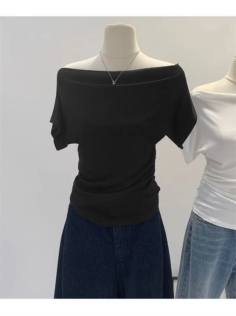Super Touch Modal Cotton ~ One-Shoulder Collar Short-Sleeved T-Shirt for Women, Summer Design, Slim Off-Shoulder Slanted Shoulder Top, Trendy — feature 20