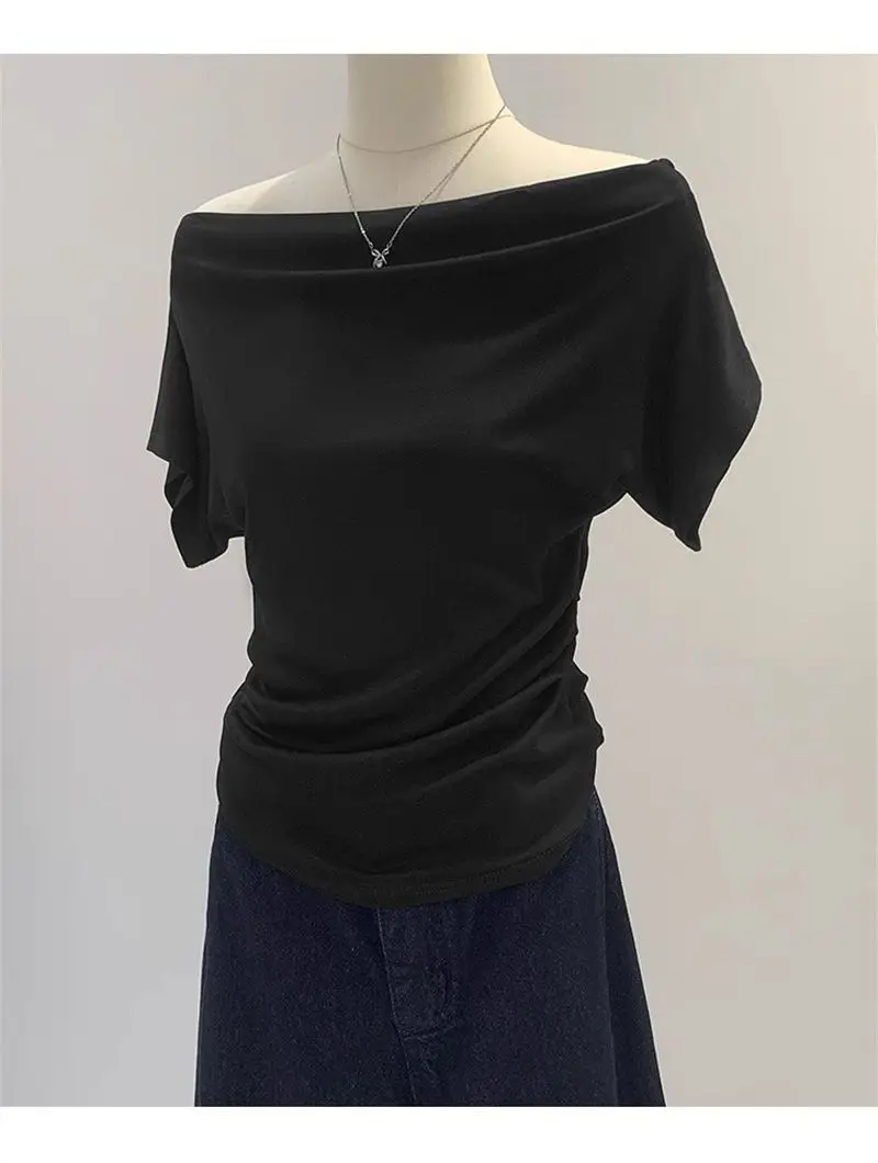 Super Touch Modal Cotton ~ One-Shoulder Collar Short-Sleeved T-Shirt for Women, Summer Design, Slim Off-Shoulder Slanted Shoulder Top, Trendy — feature 21