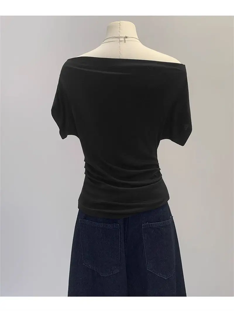 Super Touch Modal Cotton ~ One-Shoulder Collar Short-Sleeved T-Shirt for Women, Summer Design, Slim Off-Shoulder Slanted Shoulder Top, Trendy — feature 22