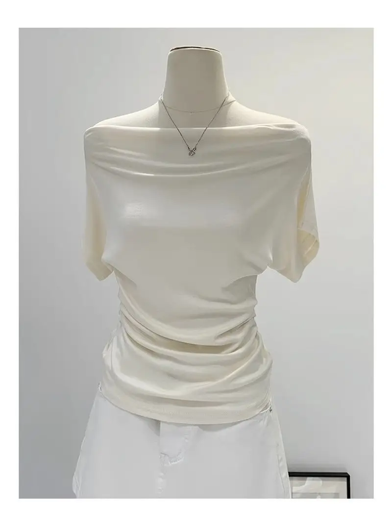 Super Touch Modal Cotton ~ One-Shoulder Collar Short-Sleeved T-Shirt for Women, Summer Design, Slim Off-Shoulder Slanted Shoulder Top, Trendy — feature 5