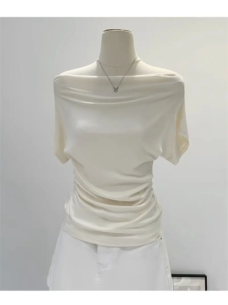 Super Touch Modal Cotton ~ One-Shoulder Collar Short-Sleeved T-Shirt for Women, Summer Design, Slim Off-Shoulder Slanted Shoulder Top, Trendy — feature 7