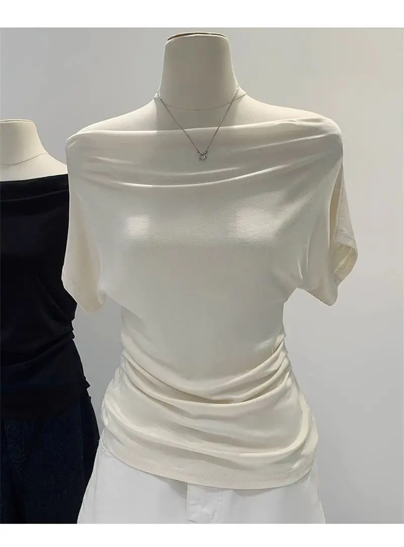 Super Touch Modal Cotton ~ One-Shoulder Collar Short-Sleeved T-Shirt for Women, Summer Design, Slim Off-Shoulder Slanted Shoulder Top, Trendy — feature 8