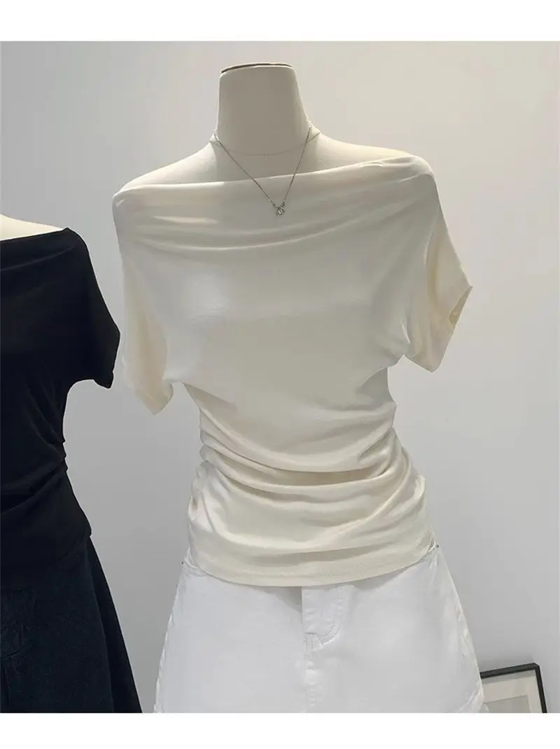 Super Touch Modal Cotton ~ One-Shoulder Collar Short-Sleeved T-Shirt for Women, Summer Design, Slim Off-Shoulder Slanted Shoulder Top, Trendy — feature 9